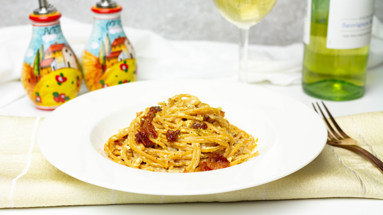 Nutritious Carbonara made with Yellow Lentil Spaghetti